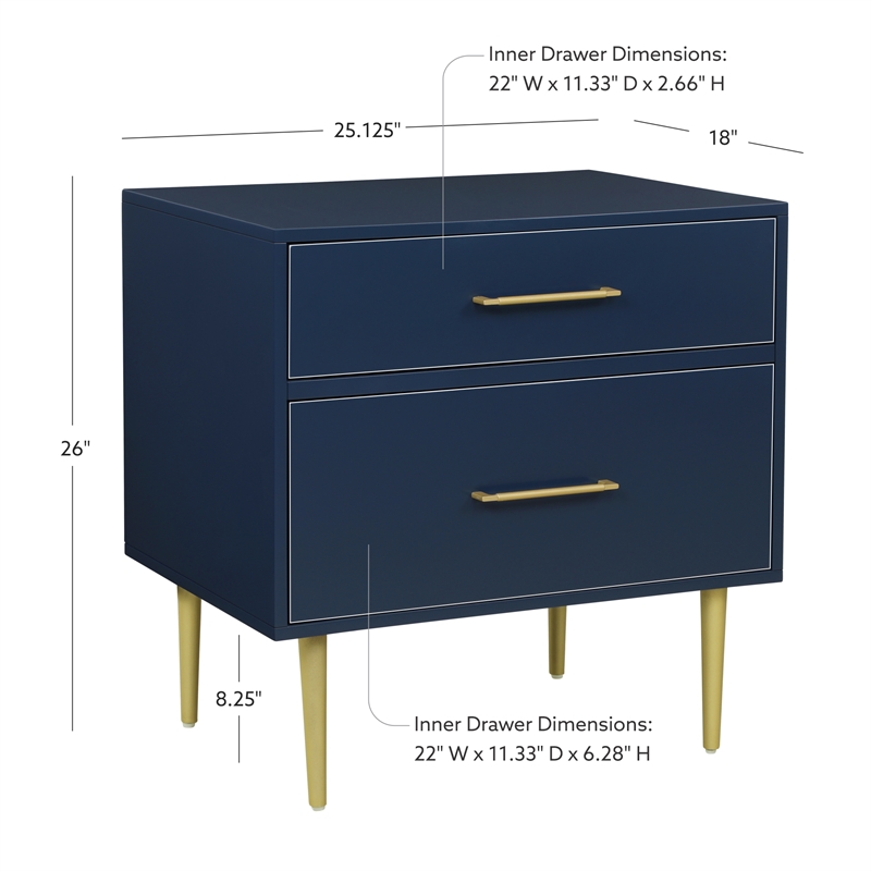 Pemberly Row Two Drawer Wood Nightstand with Gold Accents in Navy Blue