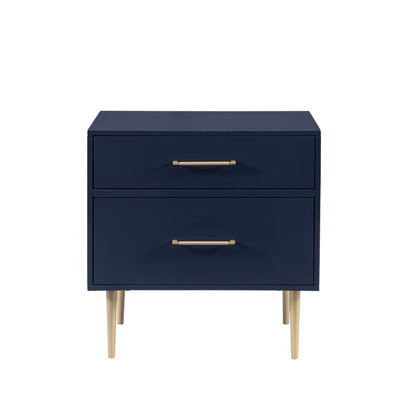 Pemberly Row Two Drawer Wood Nightstand with Gold Accents in Navy Blue