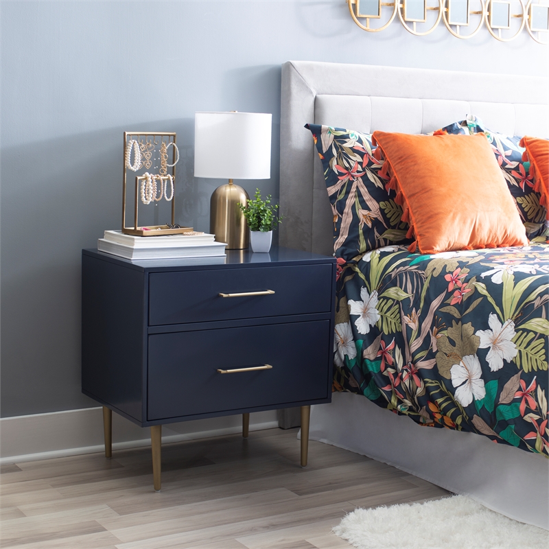 Pemberly Row Two Drawer Wood Nightstand with Gold Accents in Navy Blue