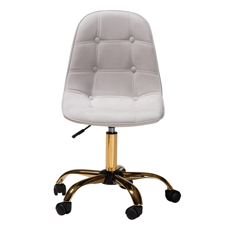 Pemberly Row Gray Velvet Fabric and Gold Metal Swivel Office chair