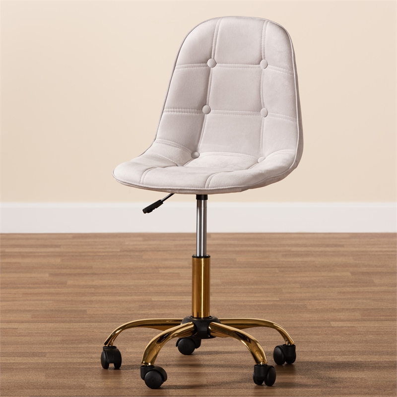 Pemberly Row Gray Velvet Fabric and Gold Metal Swivel Office chair