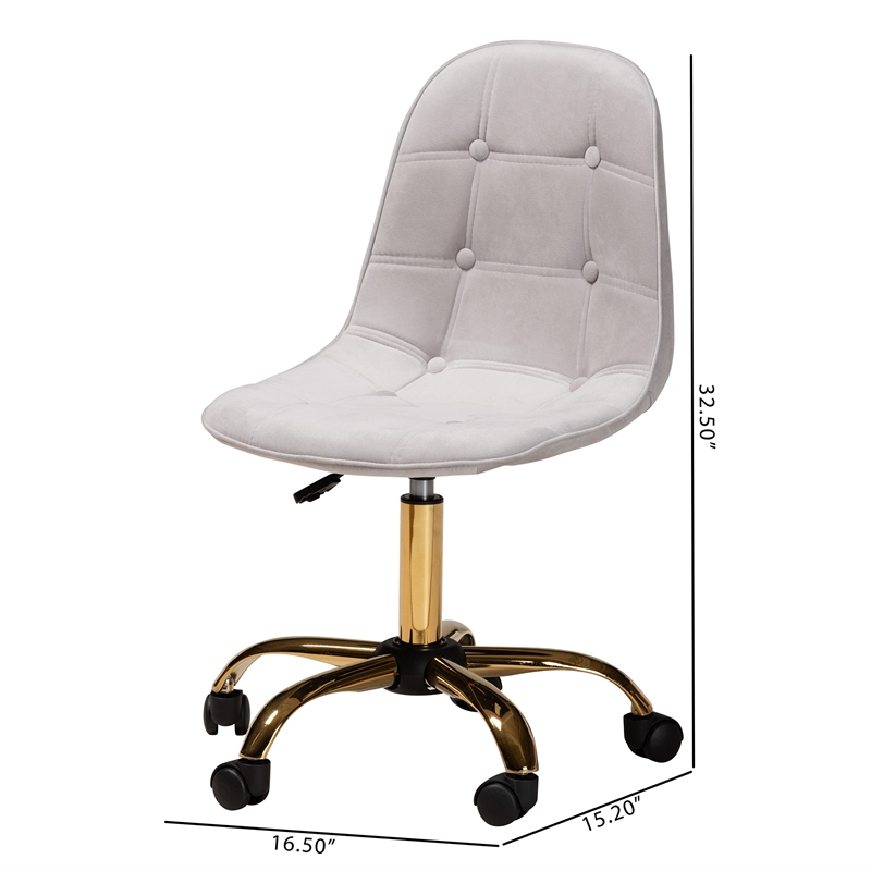 Pemberly Row Gray Velvet Fabric and Gold Metal Swivel Office chair