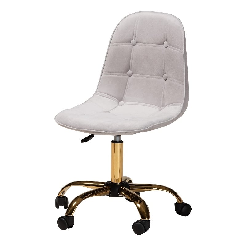 Pemberly Row Gray Velvet Fabric and Gold Metal Swivel Office chair