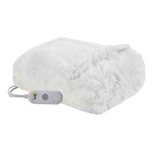 Pemberly Row Polyester Fabric Shaggy Fur Heated Electric Throw in White