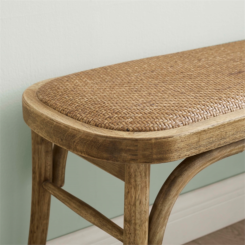 Pemberly Row Modern Bench with Natural Rattan Seat in Rustic Brown