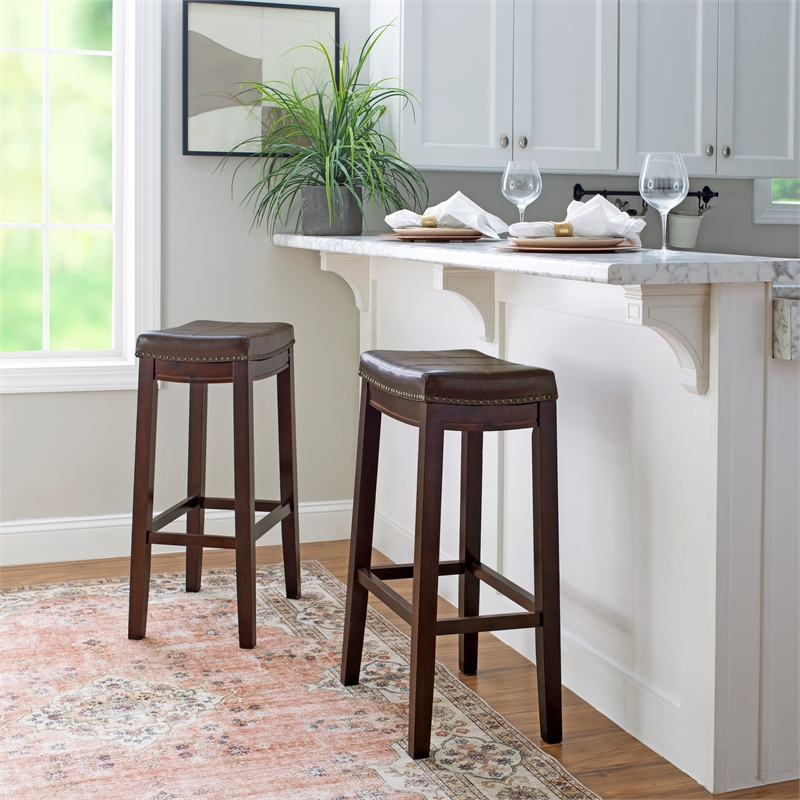 Pemberly Row Wood Set of 2 Bar Stools Brown Faux Leather Seats in Brown Finish