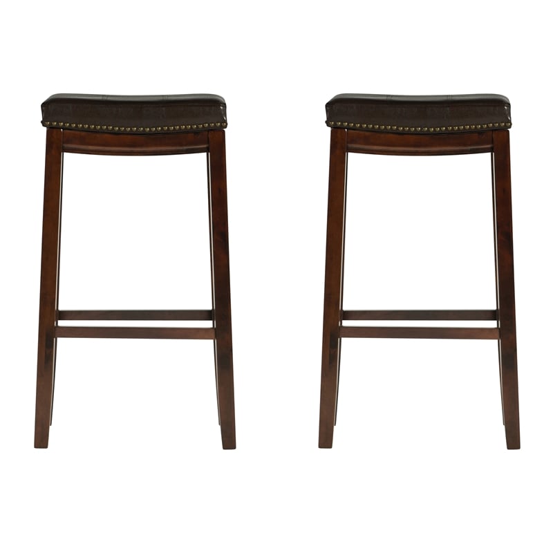 Pemberly Row Wood Set of 2 Bar Stools Brown Faux Leather Seats in Brown Finish