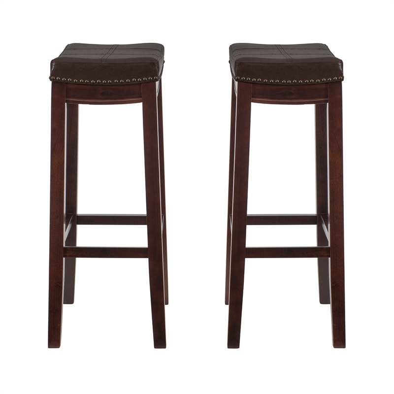 Pemberly Row Wood Set of 2 Bar Stools Brown Faux Leather Seats in Brown Finish