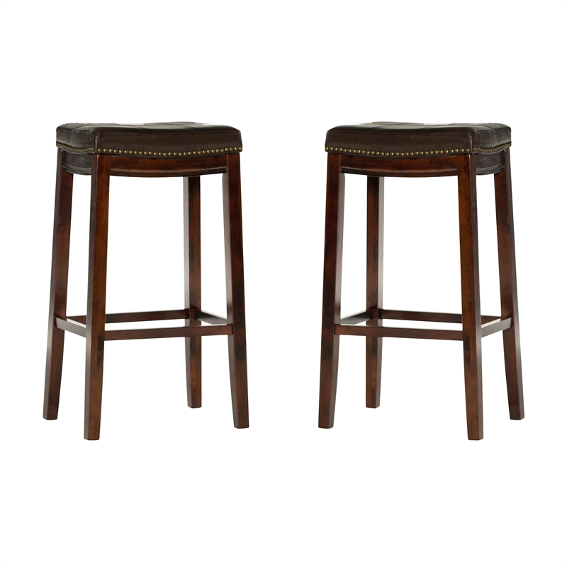 Pemberly Row Wood Set of 2 Bar Stools Brown Faux Leather Seats in Brown Finish