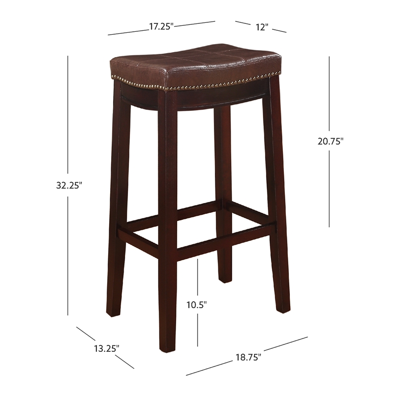 Pemberly Row Wood Set of 2 Bar Stools Brown Faux Leather Seats in Brown Finish