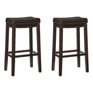 Pemberly Row Wood Set of 2 Bar Stools Brown Faux Leather Seats in Brown Finish