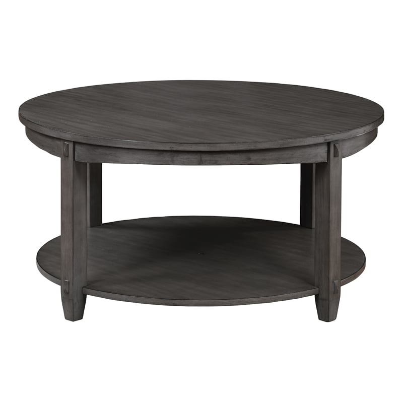Pemberly Row Round Coffee Table with Lower Shelf in Slate Gray Wood Finish