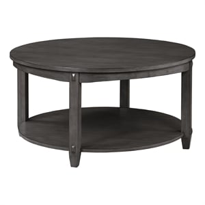 Pemberly Row Round Coffee Table with Lower Shelf in Slate Gray Wood Finish