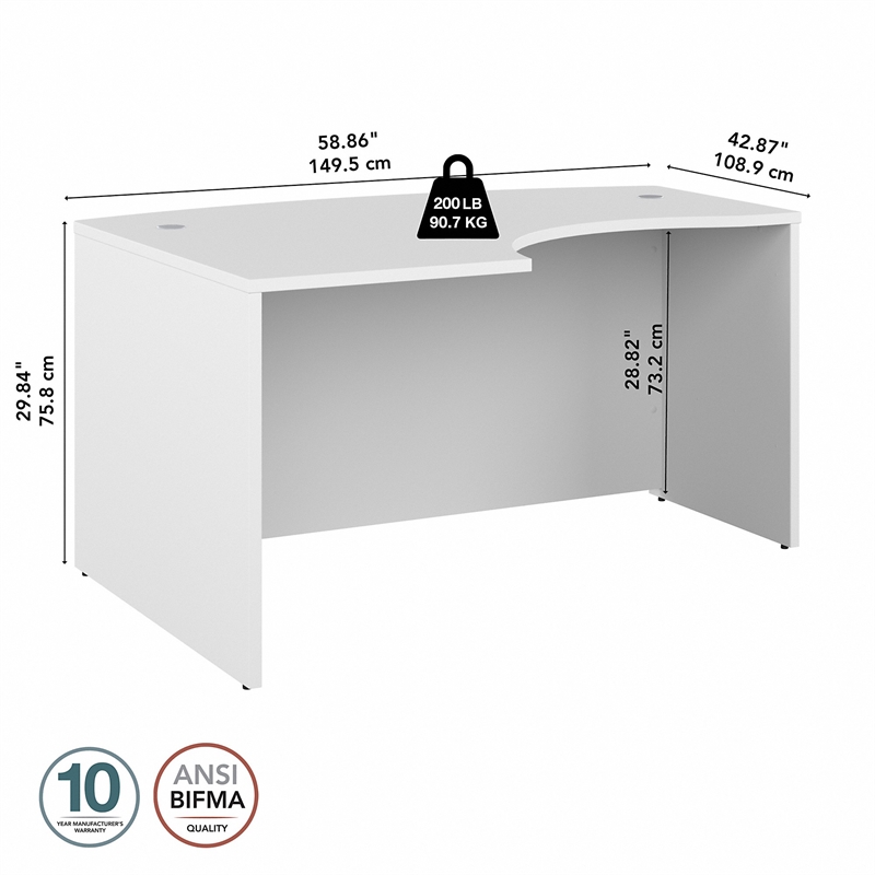 Pemberly Row 60W x 43D Left Hand L-Bow Desk Shell in White - Engineered Wood