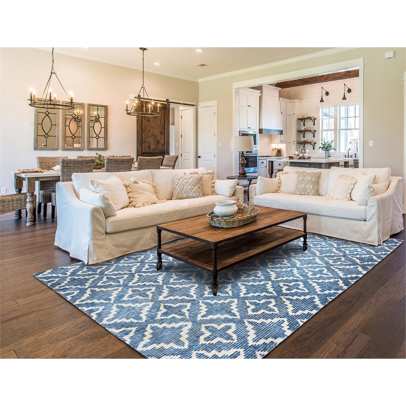 Pemberly Row Printed Faux Rabbit Linear Polyester 8'x10' Area Rug in Blue