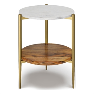 Pemberly Row 18 inch Wide Metal Round Marble & Wood Side Table in White/Natural