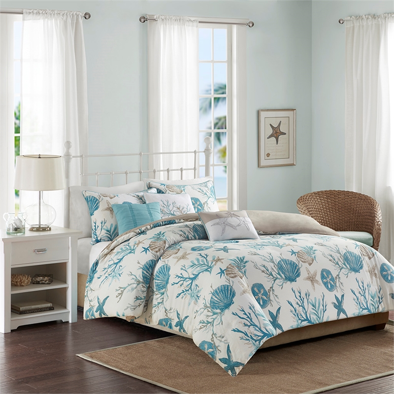 Pemberly Row Pebble Beach 6-Piece Coastal Cotton Sateen Duvet Cover Set - Blue
