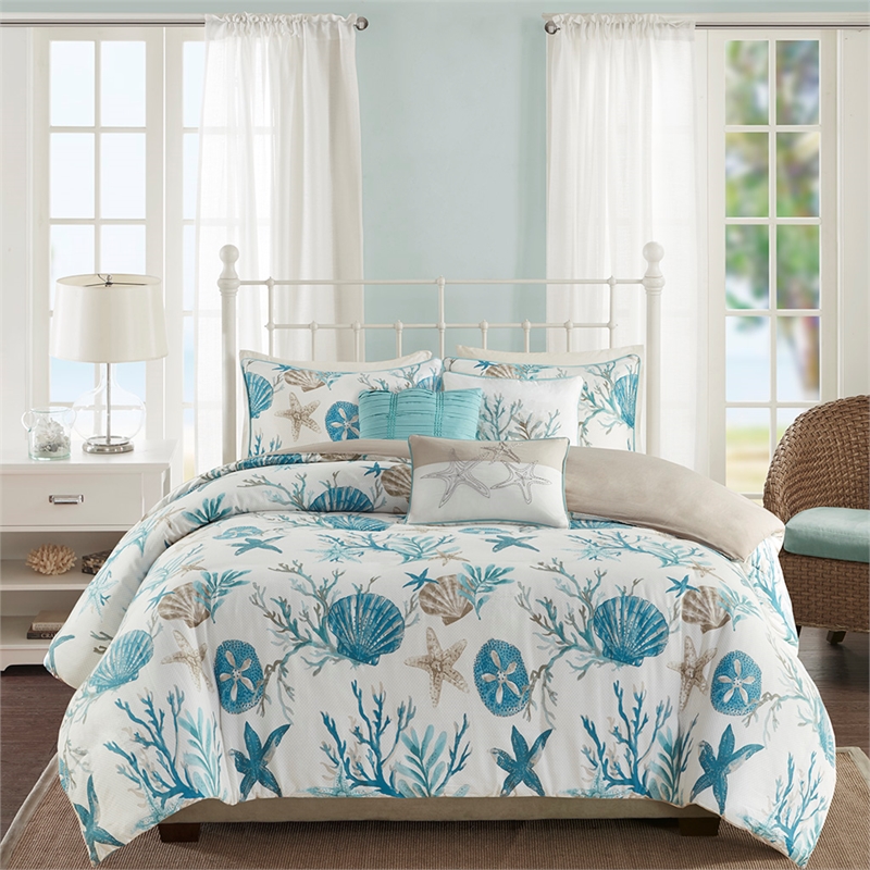 Pemberly Row Pebble Beach 6-Piece Coastal Cotton Sateen Duvet Cover Set - Blue