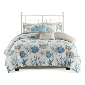 Pemberly Row Pebble Beach 6-Piece Coastal Cotton Sateen Duvet Cover Set - Blue