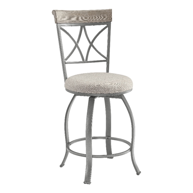 Pemberly Row Metal Swivel Counter Stool Padded Beige Seat in Matte Pewter