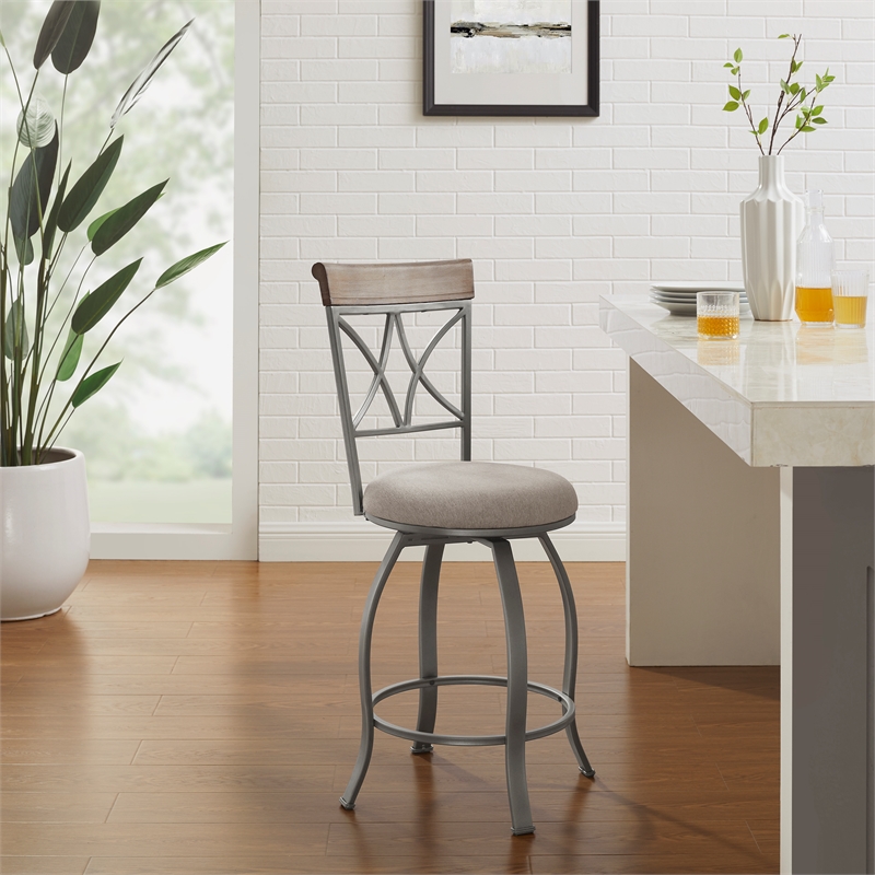 Pemberly Row Metal Swivel Counter Stool Padded Beige Seat in Matte Pewter