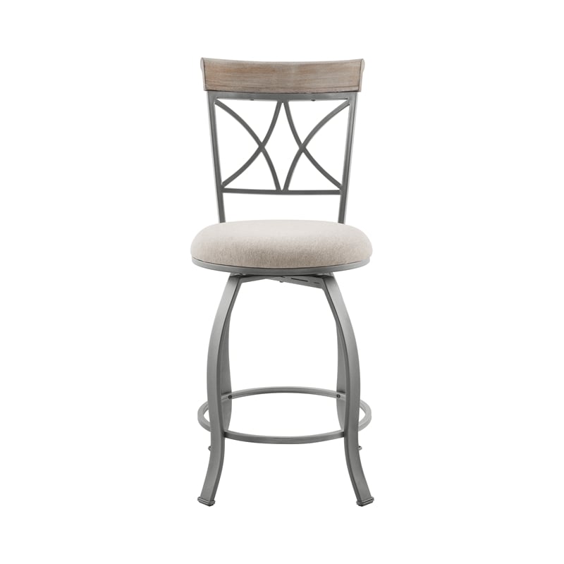 Pemberly Row Metal Swivel Counter Stool Padded Beige Seat in Matte Pewter