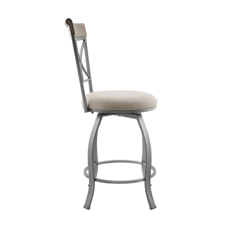 Pemberly Row Metal Swivel Counter Stool Padded Beige Seat in Matte Pewter