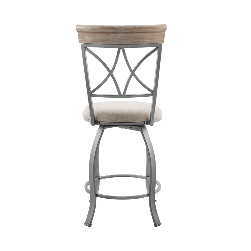 Pemberly Row Metal Swivel Counter Stool Padded Beige Seat in Matte Pewter