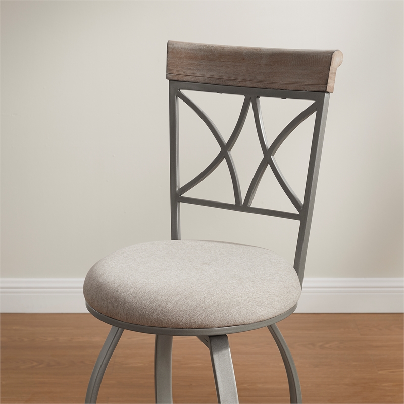 Pemberly Row Metal Swivel Counter Stool Padded Beige Seat in Matte Pewter