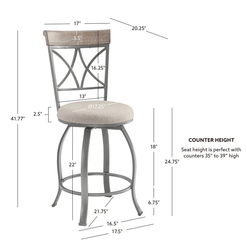Pemberly Row Metal Swivel Counter Stool Padded Beige Seat in Matte Pewter