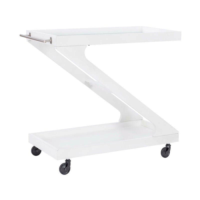 Pemberly Row Wood Z Shaped Rolling Bar Cart with Glass Top in White