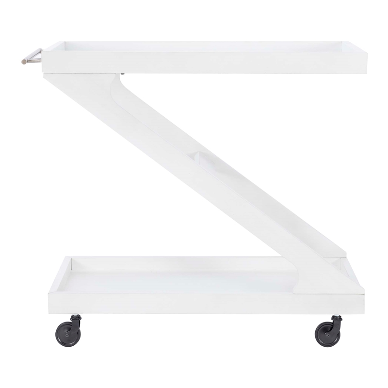 Pemberly Row Wood Z Shaped Rolling Bar Cart with Glass Top in White