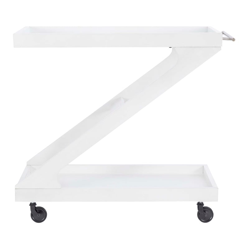 Pemberly Row Wood Z Shaped Rolling Bar Cart with Glass Top in White