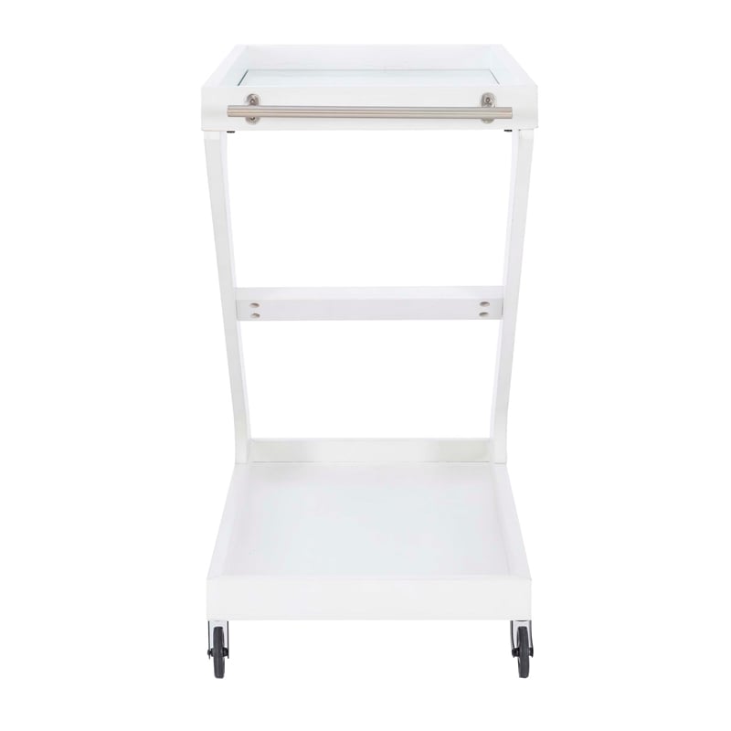 Pemberly Row Wood Z Shaped Rolling Bar Cart with Glass Top in White