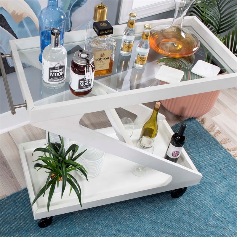 Pemberly Row Wood Z Shaped Rolling Bar Cart with Glass Top in White