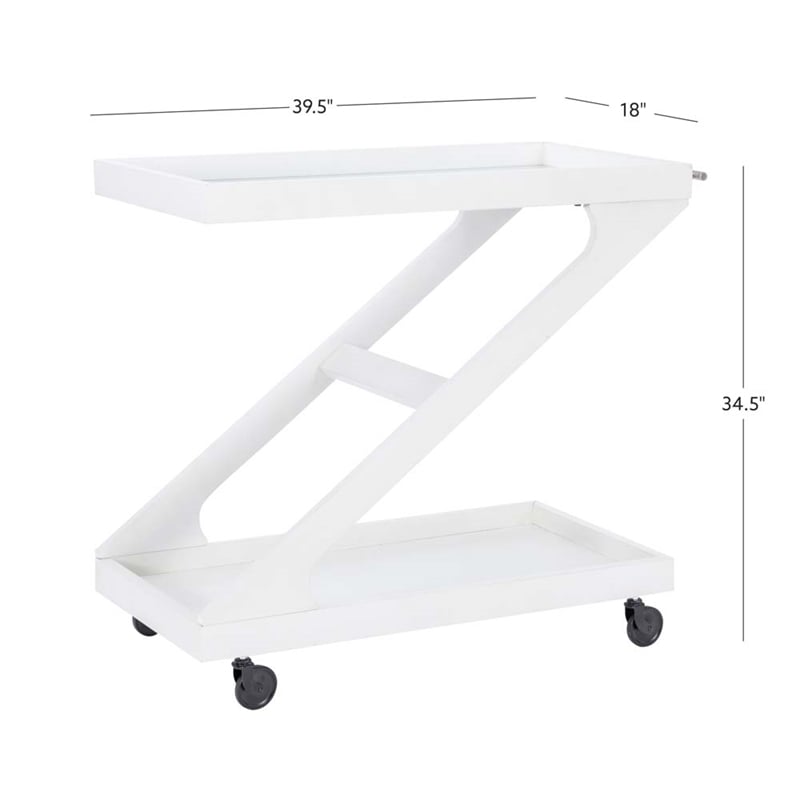 Pemberly Row Wood Z Shaped Rolling Bar Cart with Glass Top in White