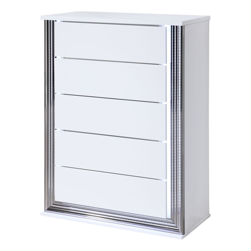 Pemberly Row Contemporary Metallic Smooth White Chest With LED