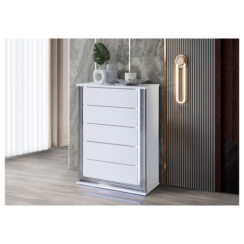Pemberly Row Contemporary Metallic Smooth White Chest With LED