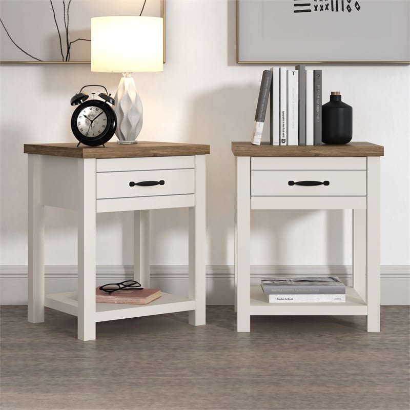 Pemberly Row Wood Nightstand with 1 Drawer and Shelf Set of 2 Ivory