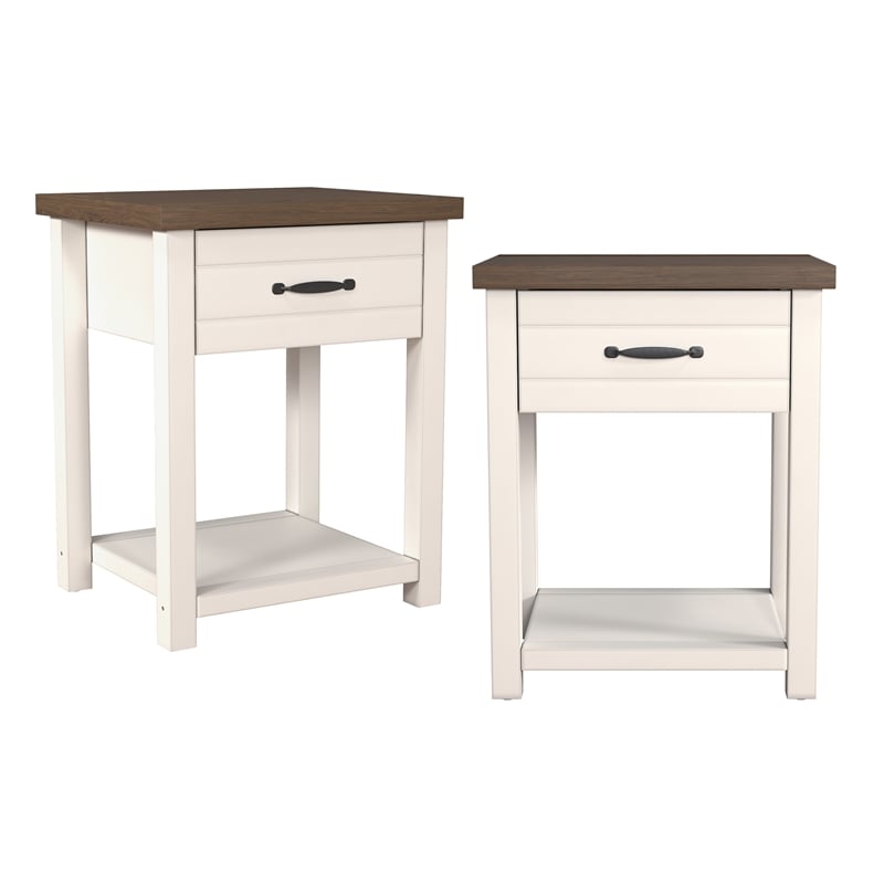 Pemberly Row Wood Nightstand with 1 Drawer and Shelf Set of 2 Ivory