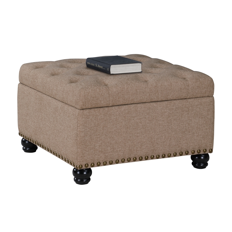 Pemberly Row Square Ottoman Coffee Table with Storage in Beige Fabric
