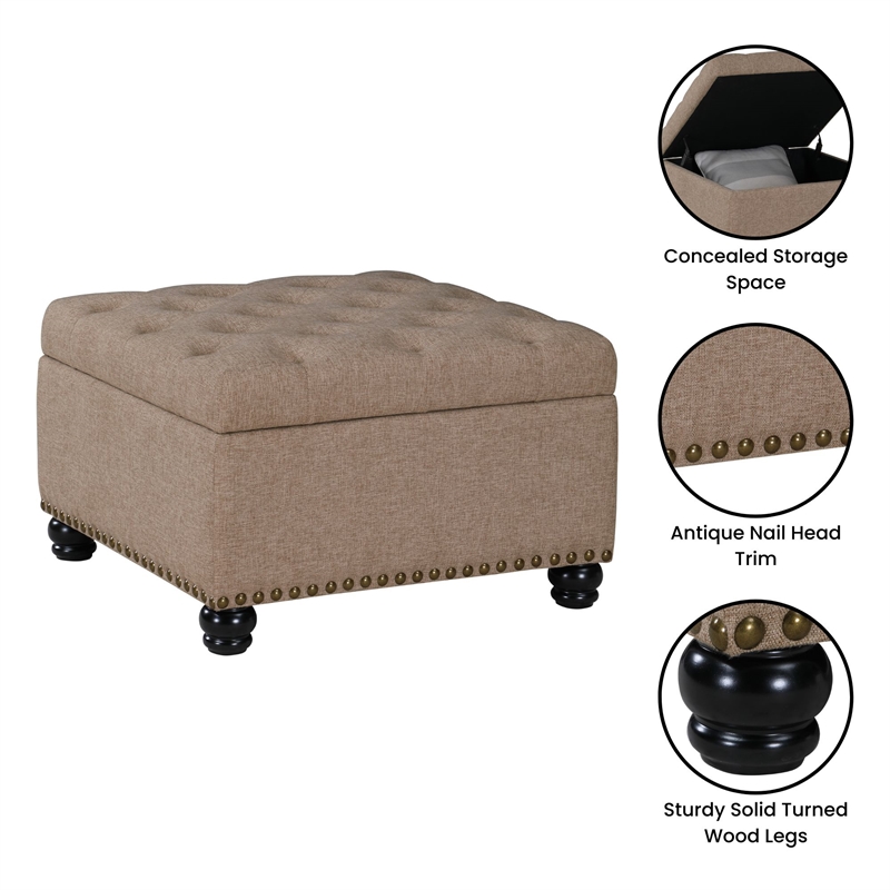 Pemberly Row Square Ottoman Coffee Table with Storage in Beige Fabric
