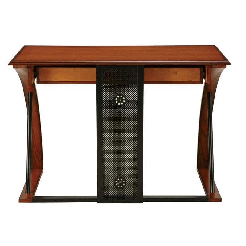 Pemberly Row Computer Desk in Medium Brown Oak with Black Accents in Wood