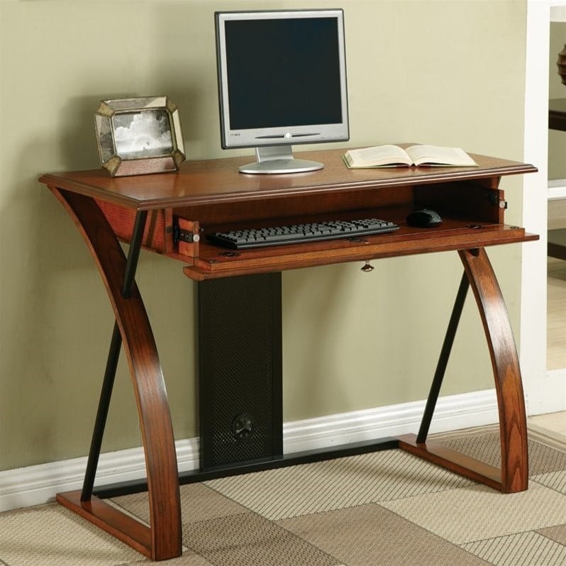 Pemberly Row Computer Desk in Medium Brown Oak with Black Accents in Wood