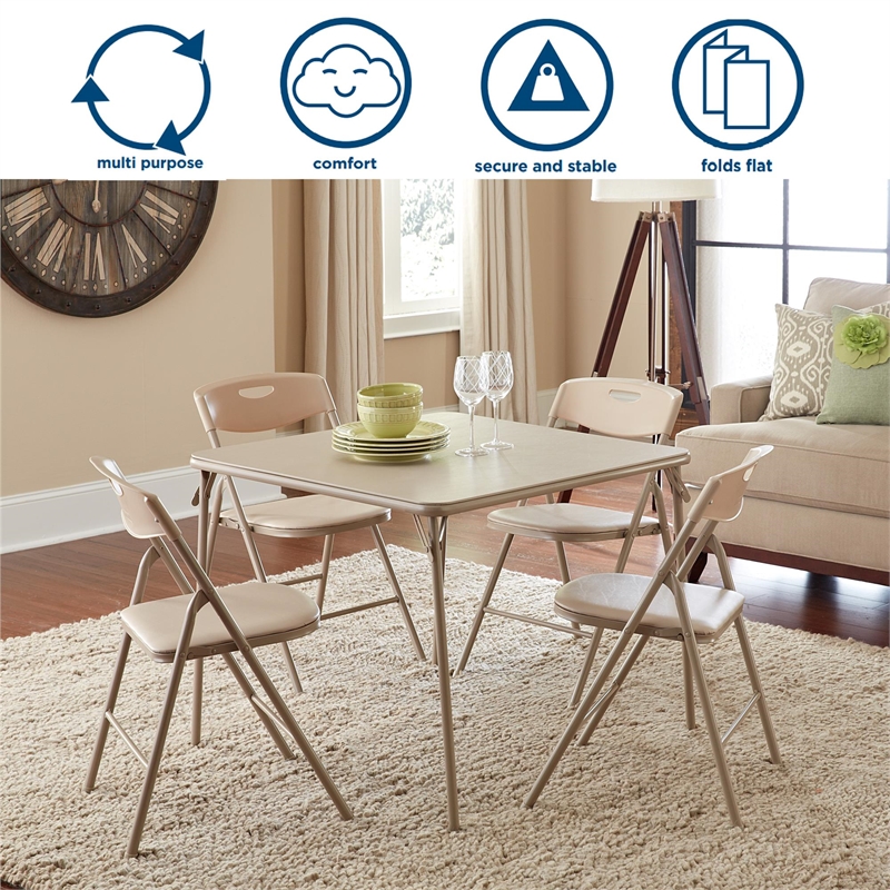 Pemberly Row 5 Piece Vinyl Folding Table Set in Antique Linen