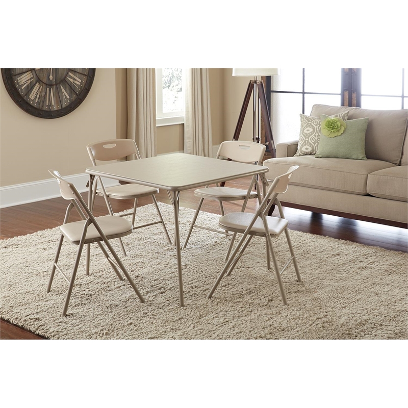 Pemberly Row 5 Piece Vinyl Folding Table Set in Antique Linen