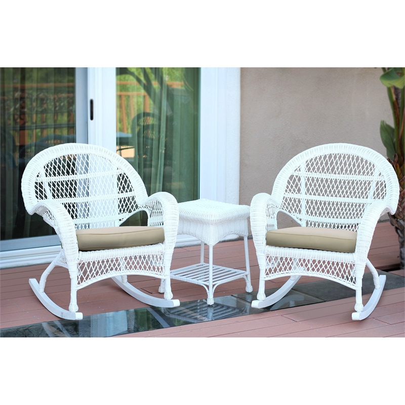 Pemberly Row 3 Piece Wicker Conversation Set in White with Brown Cushions