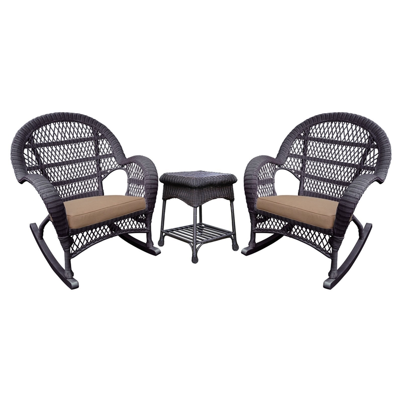 Pemberly Row 3 Piece Wicker Conversation Set in White with Brown Cushions