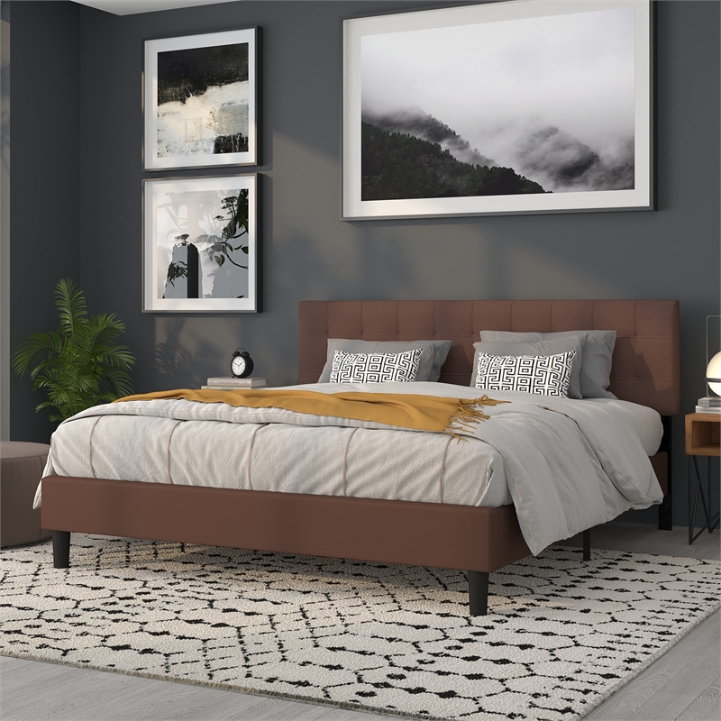 Pemberly Row Modern King Fabric Panel Headboard in Dark Brown