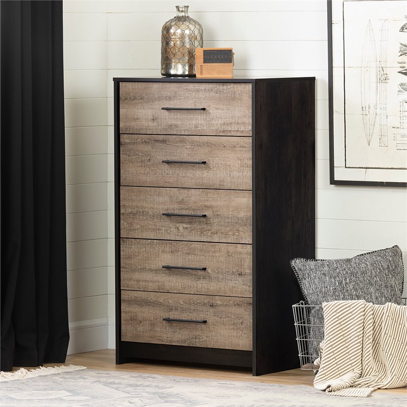 Pemberly Row Modern 5 Drawer Chest in Weathered Oak and Ebony